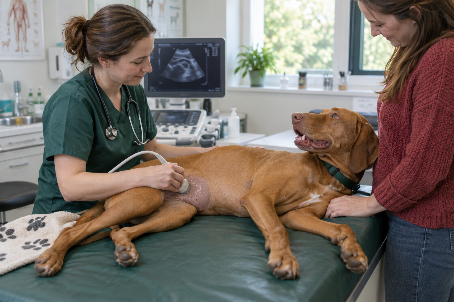 Veterinářka vyšetřuje močový měchýř psa pomocí moderního ultrazvuku